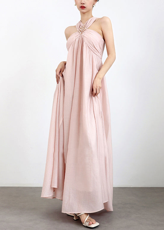Elegant Pink Cold Shoulder Pearl Solid Cotton Maxi Dresses Sleeveless