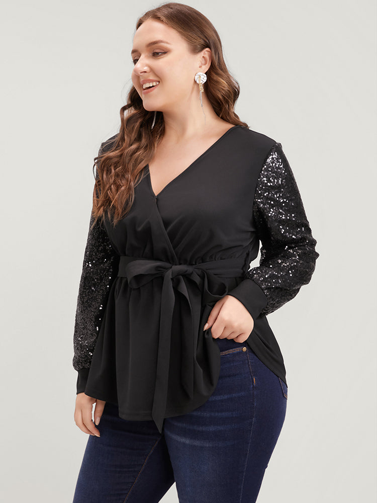 Solid Sequin Belted Surplice Neck Blouse