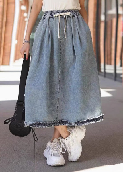 Vintage Light Blue Ruffled Elastic Waist Denim Skirt Summer