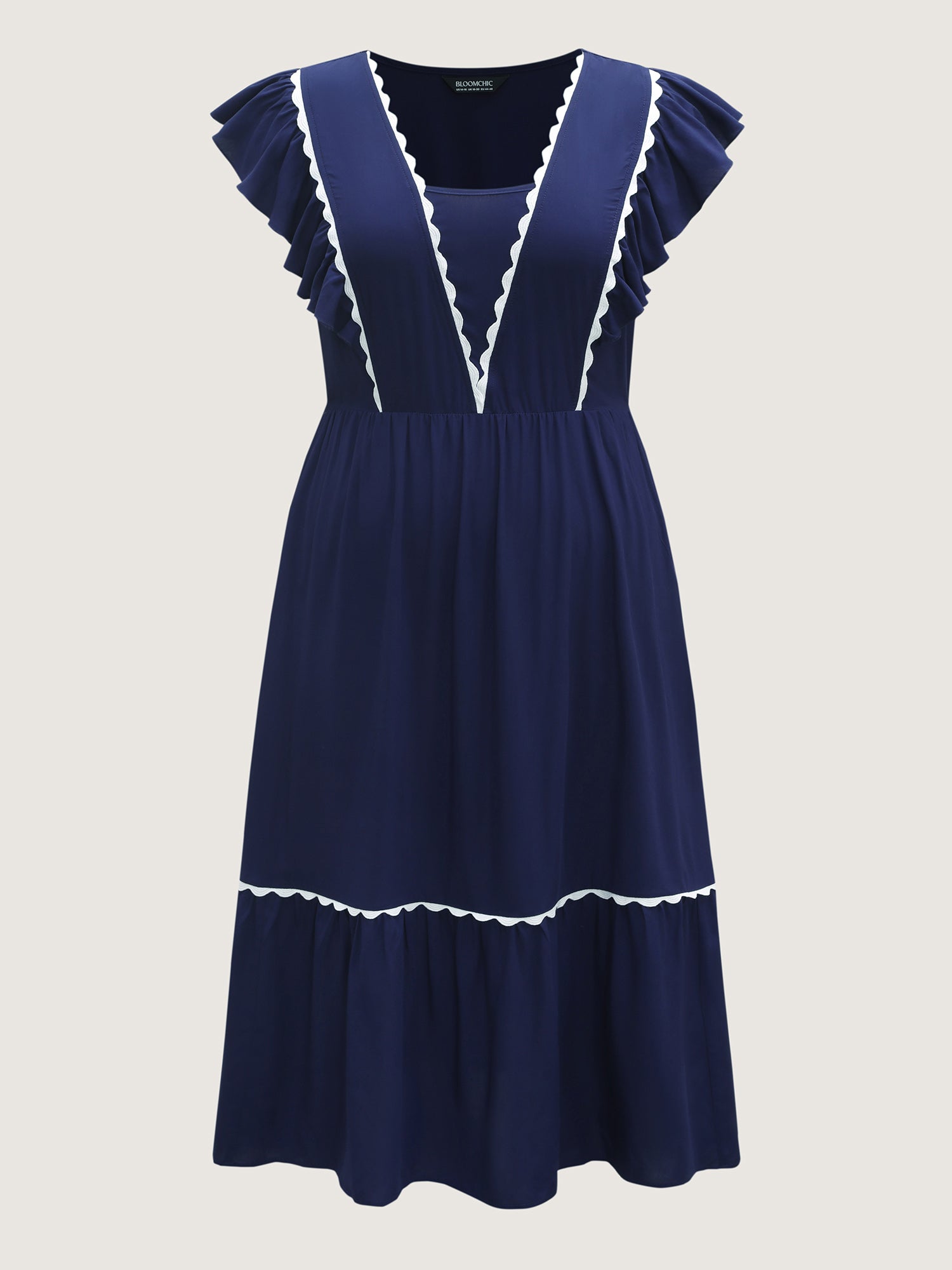 Rayon Collar Ribbon Contrast Pockets Midi Dress