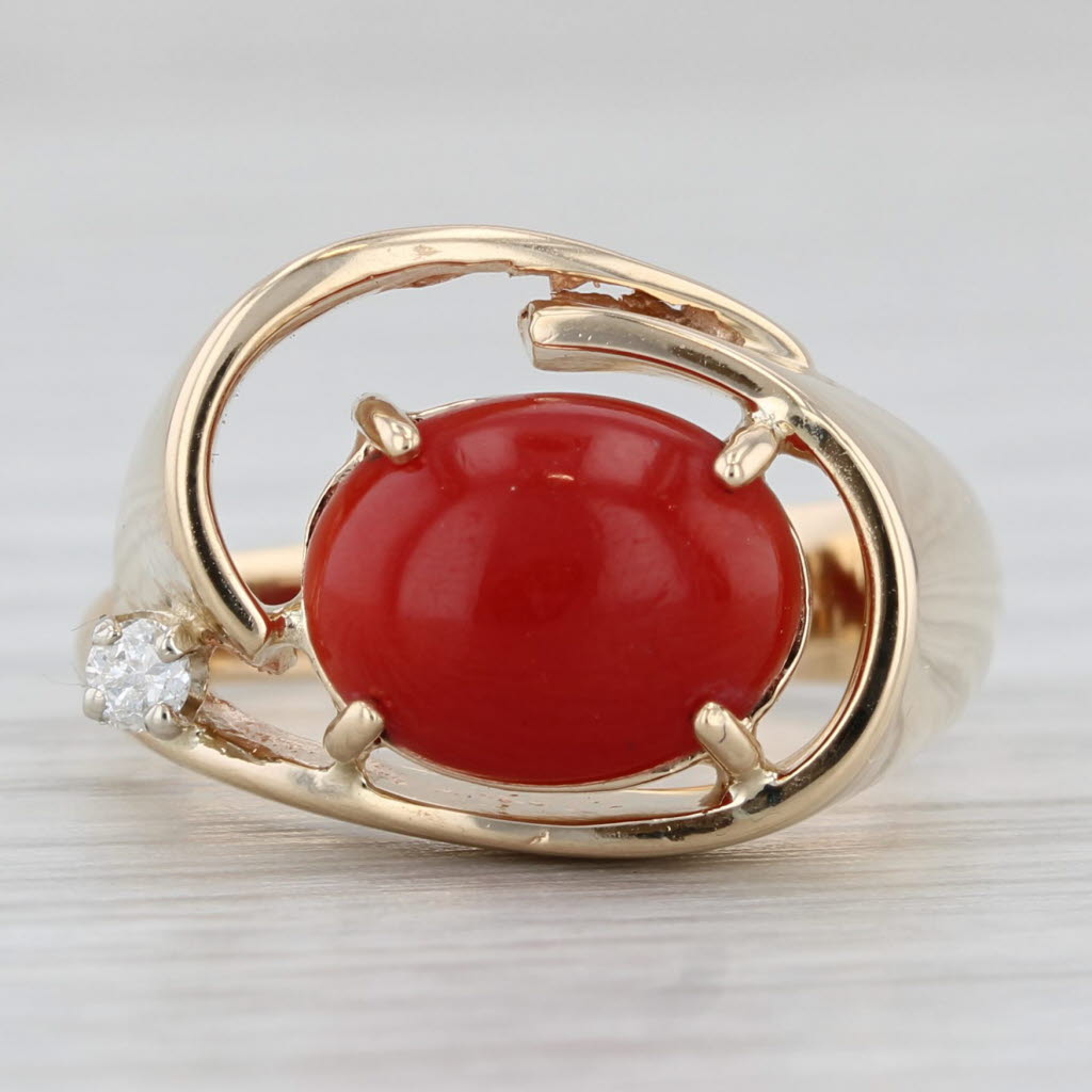 Vintage Coral Diamond Abstract Ring 14k Yellow Gold Size 5.75
