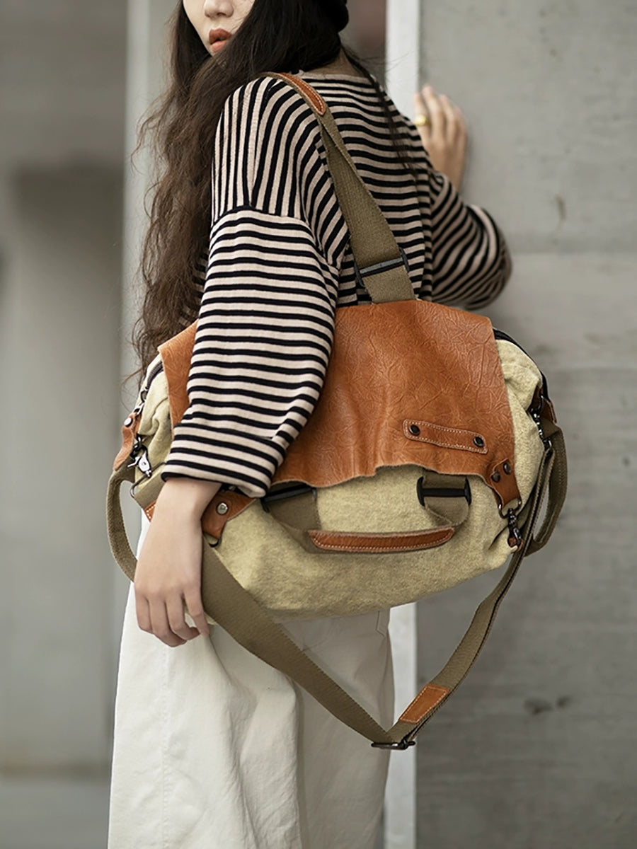 Women Vintage Genuine Leather Colorblock Crossbody Bag