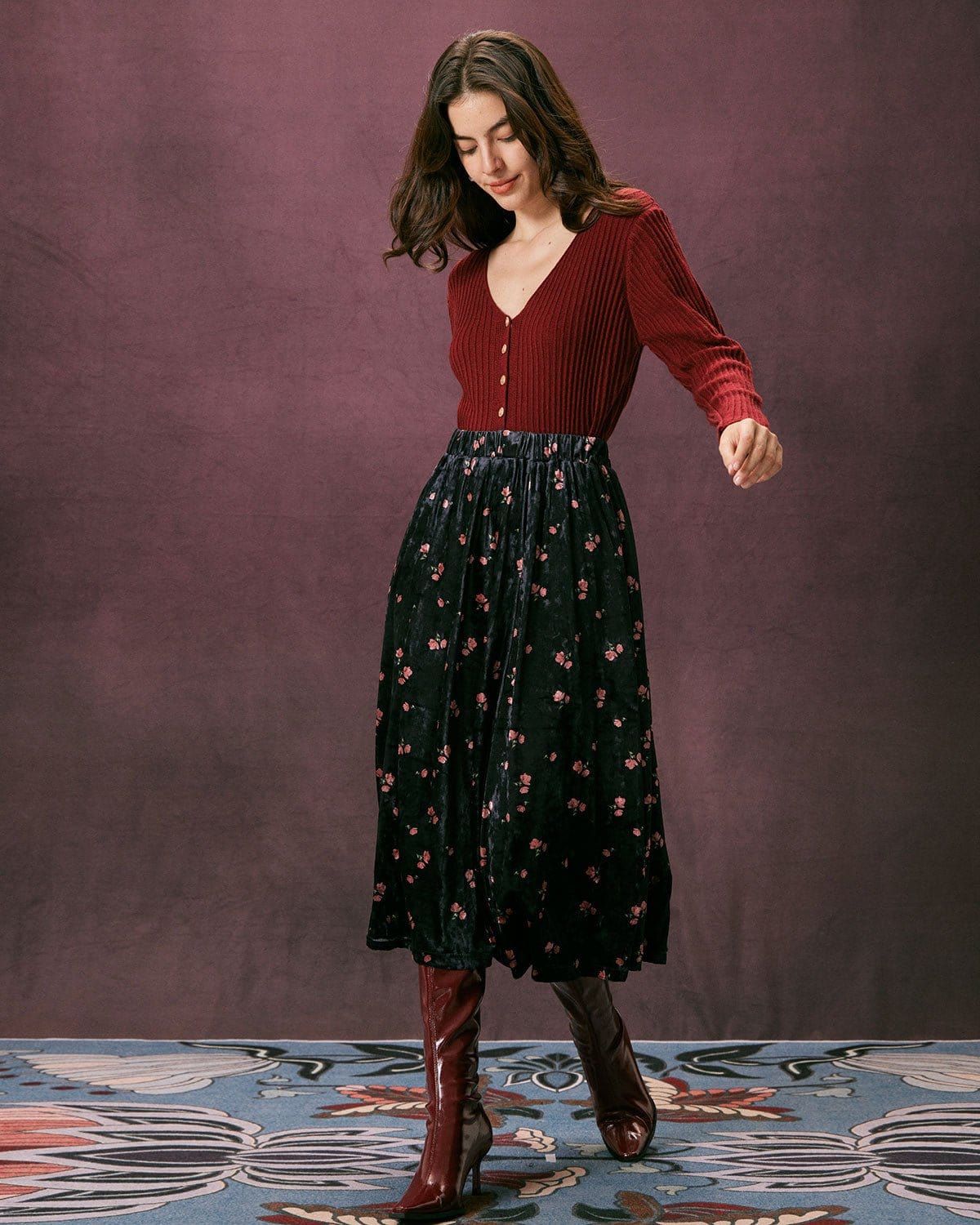 The Red V Neck Ribbed Long Sleeve Cardigan