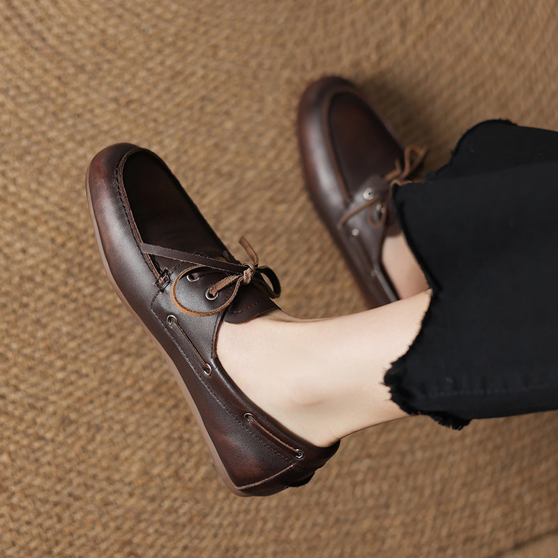 Vintage Leather Lace-Up Loafers Round Toe Flat Oxford Shoes in Light Brown/Deep Brown/Caramel/Apricot