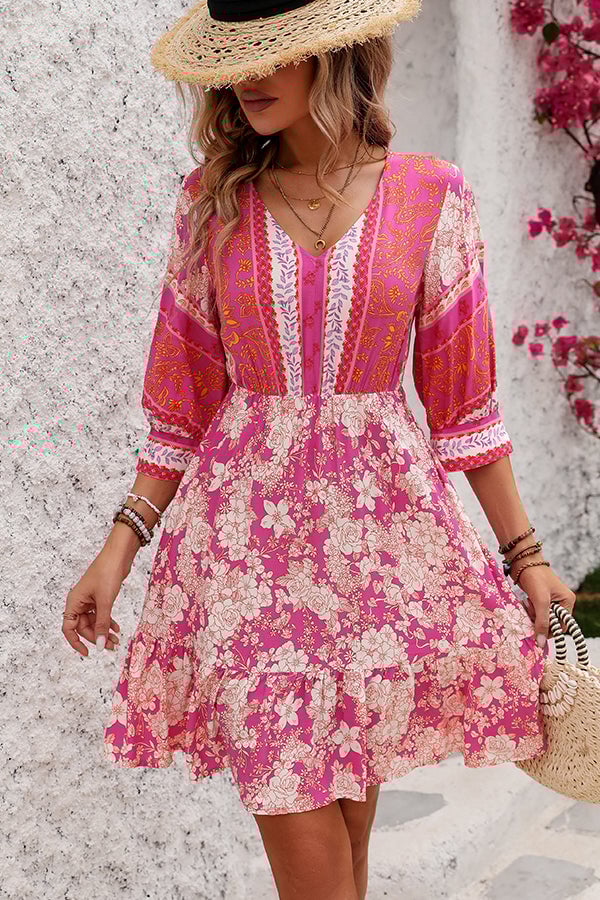 Bohemia Print V Neck Casual Mini Dress