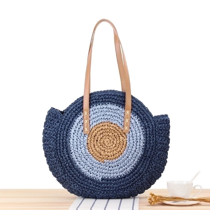 Women's Large Straw Stripe Vacation Round Zipper Straw Bag