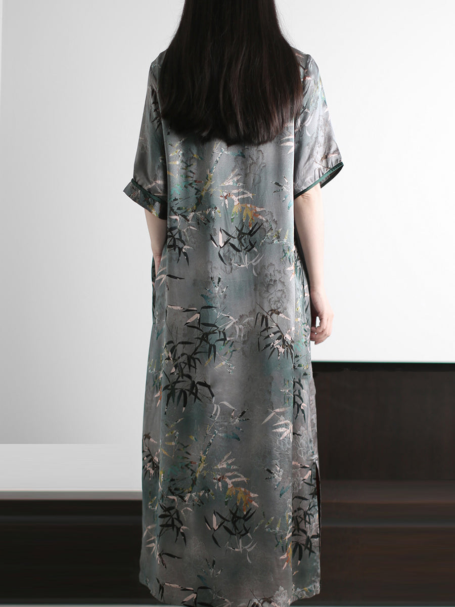 Women Summer Artsy Bamboo O-Neck Silk Loose Dress