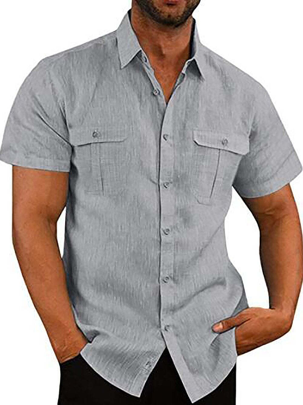 7-Pack Men's Shirts Double Pocket Cotton Linen Short Sleeve Shirts Casual Vacation Shirts