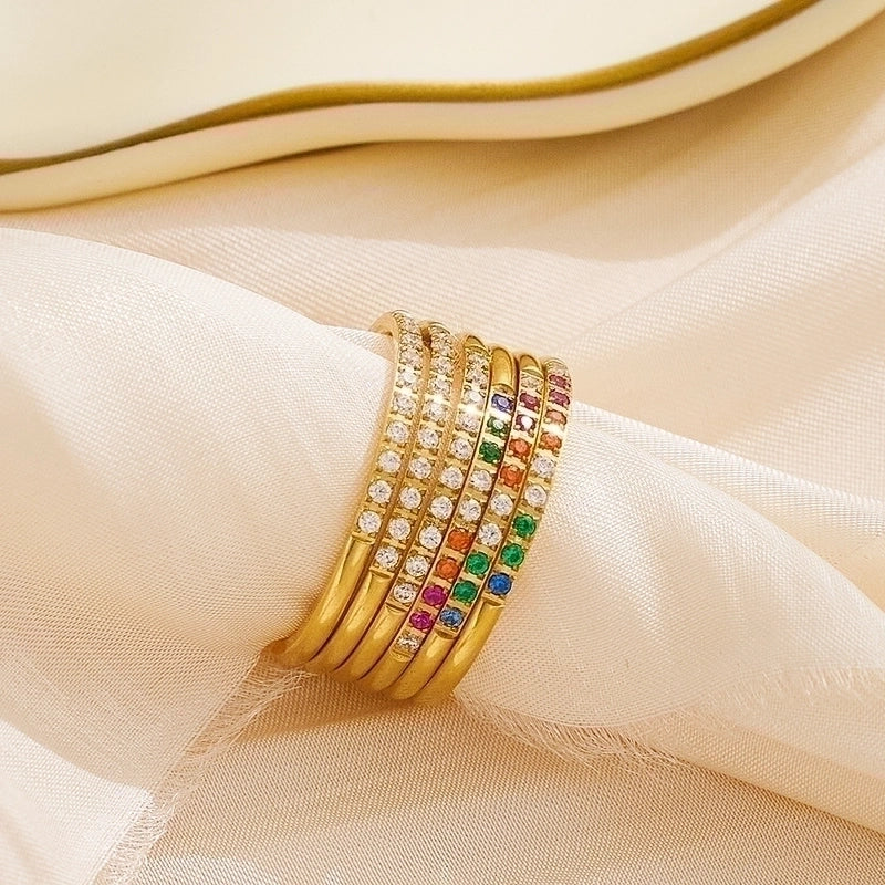 Minimalist Geometric Titanium Steel Polishing Plating Inlay Zircon Rings