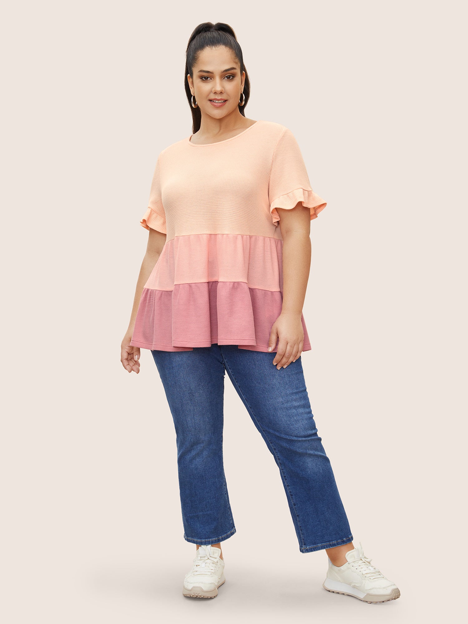 Waffle Knit Contrast Ruffle Layered Hem T-shirt
