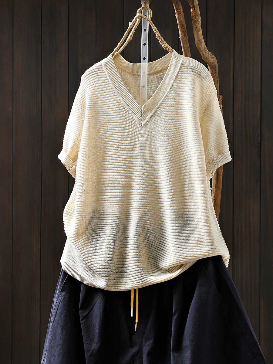Women Summer Casual Linen Knitted V-Neck Shirt