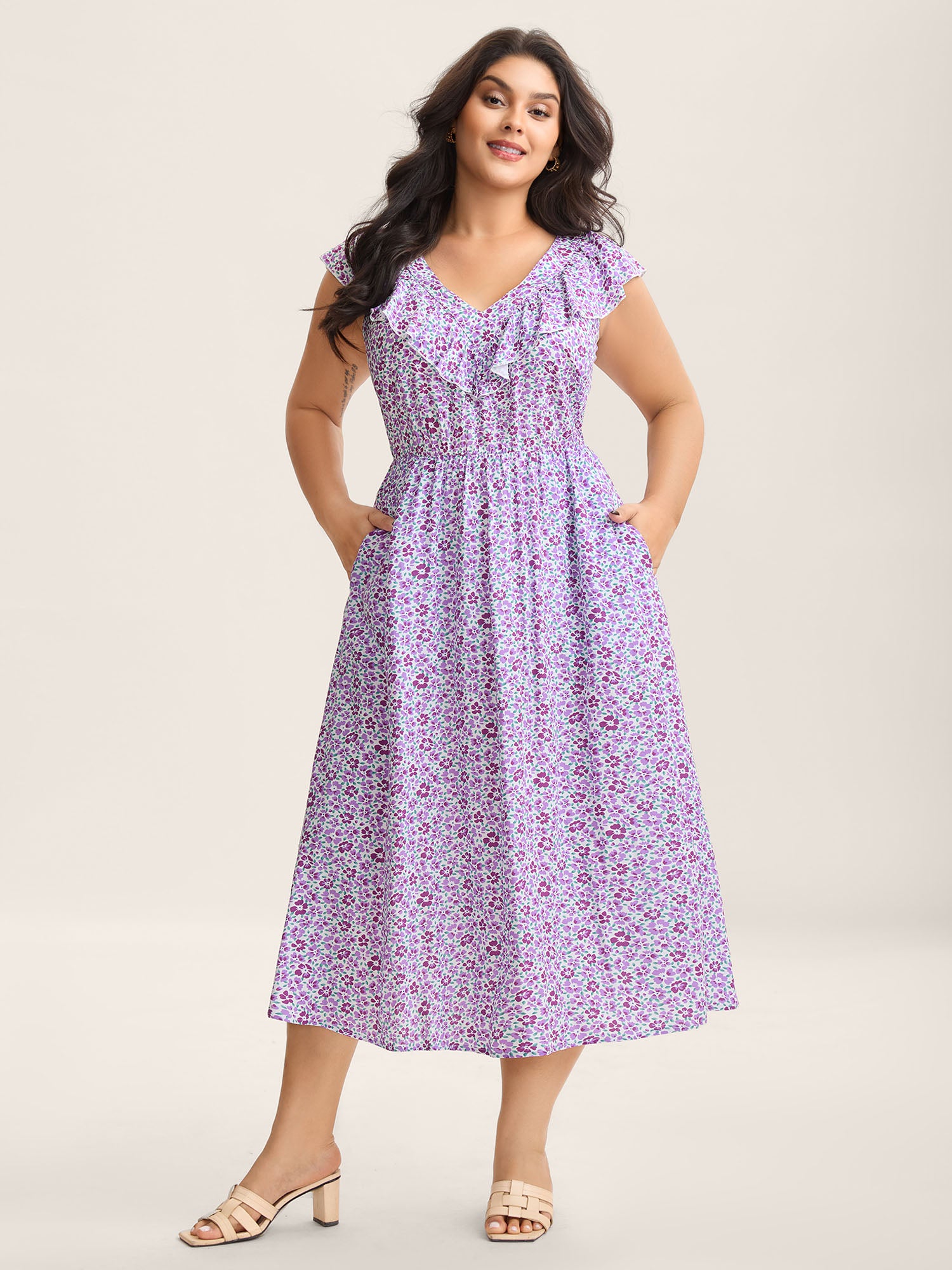 Soft Floral Print Pockets Ruffled Midi Dress