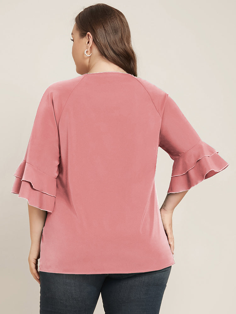 Plain Ruffle Tiered Round Neck Blouse