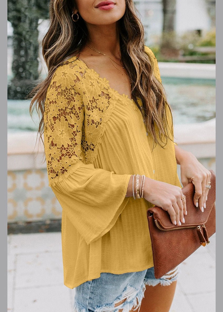 Yellow V Neck T Shirts Bracelet Sleeve