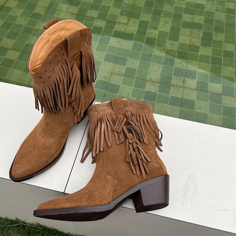 Western Point Toe Cowgirl Boots With Tassels Handmade Boots in Black/Brown/Coffee