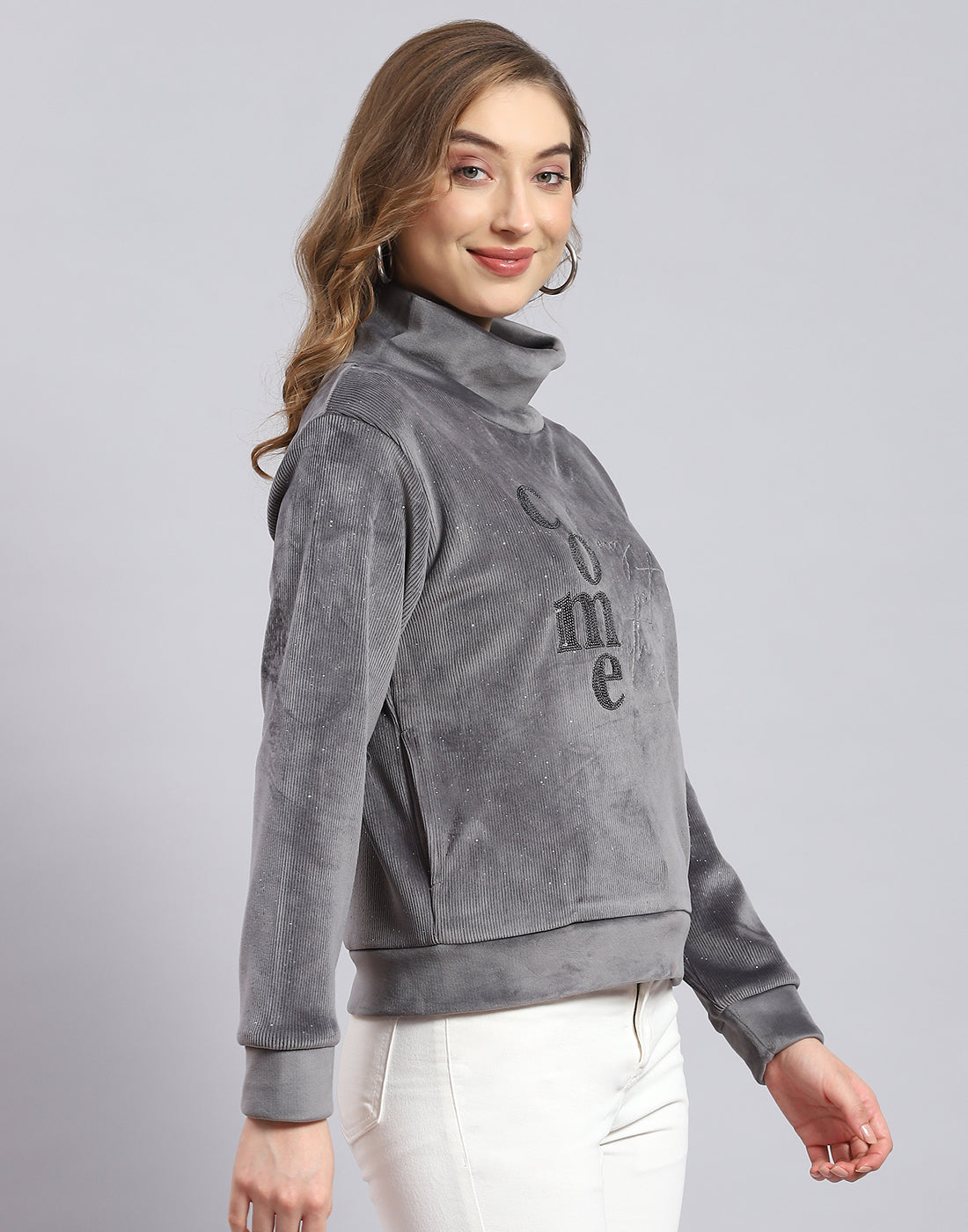 Women Grey Embroidered H Neck Full Sleeve Sweatshirt