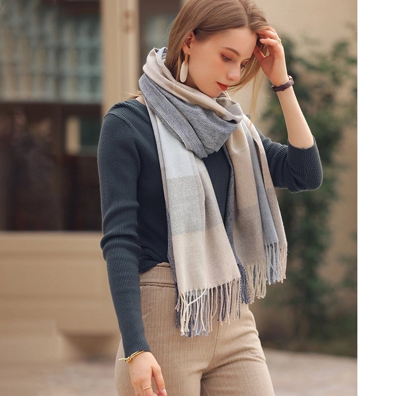 Unisex Lady Lattice Imitation Cashmere Tassel Scarf