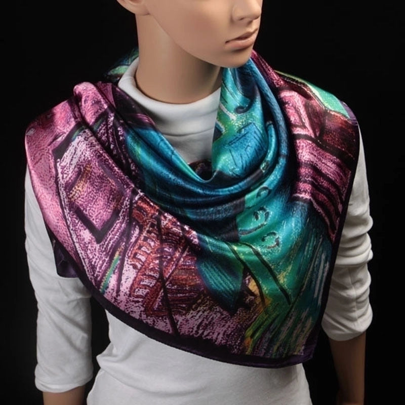 90cm Oil Painting Coffee House Alley Satin Ladies Large Square Scarf