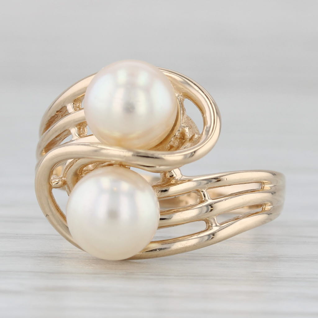 Cultured Pearl Bypass Ring 14k Yellow Gold Size 7