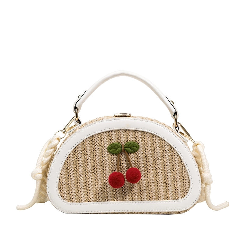 Women's Small Straw Color Block Cherry Streetwear Lock Clasp Handbag Crossbody Bag