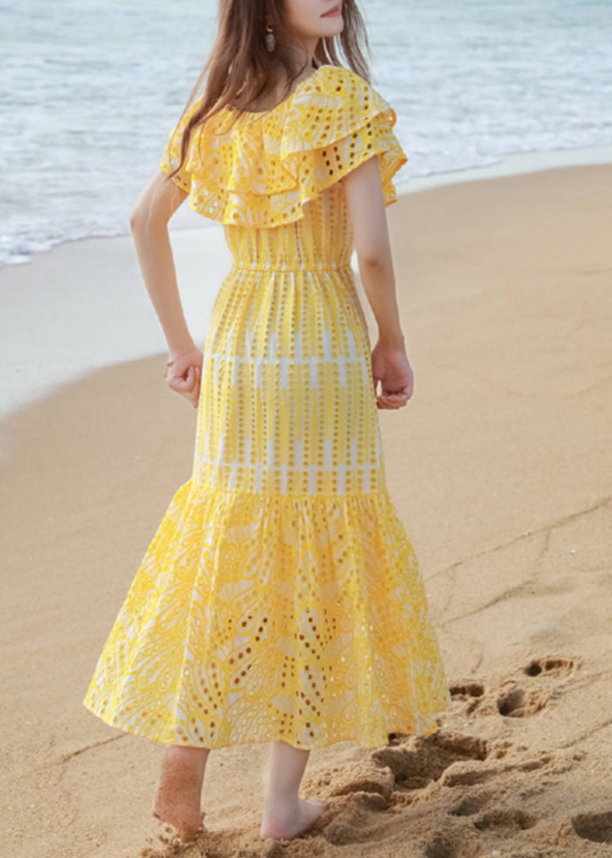 New Yellow Ruffled Hollow Out Cotton Maxi Dress Summer