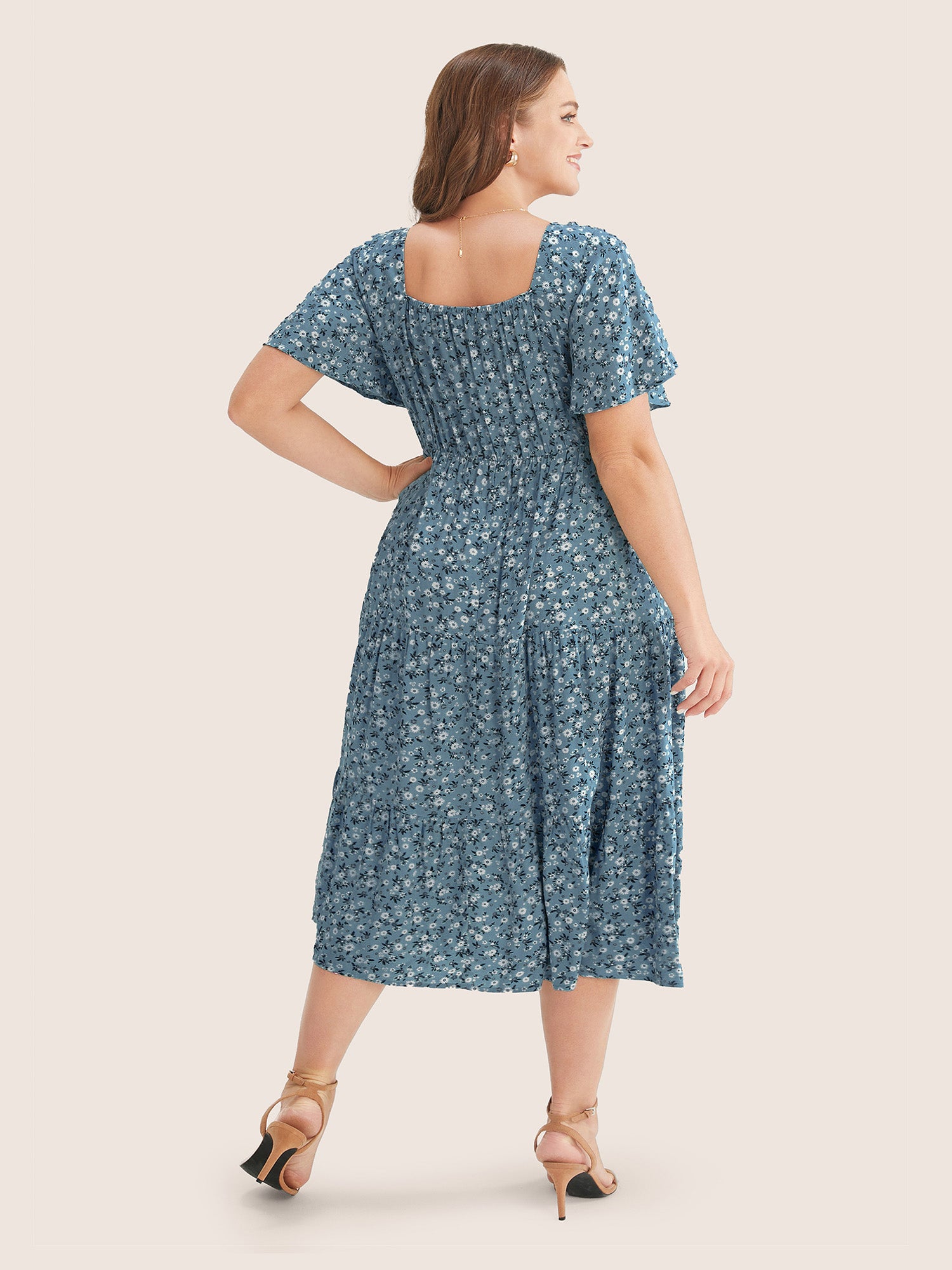 Ditsy Floral Drawstring Ruched Pocket Ruffle Tiered Dress