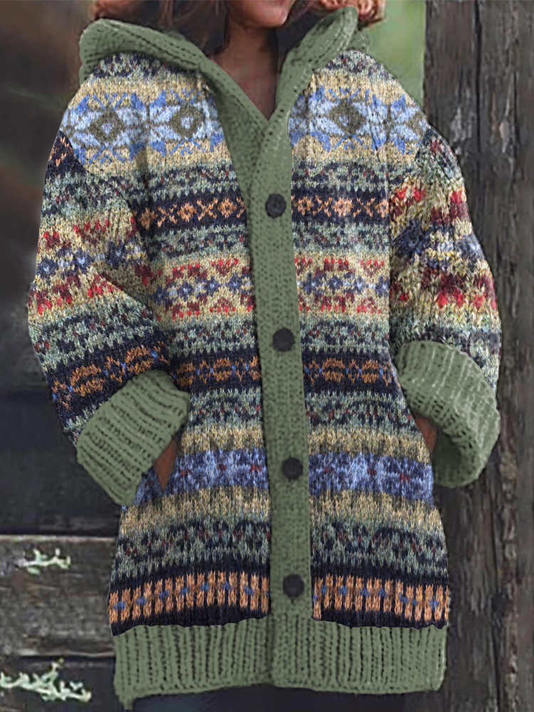 Fairman Island Geometric Contrast Print Hooded Sweater Cardigan