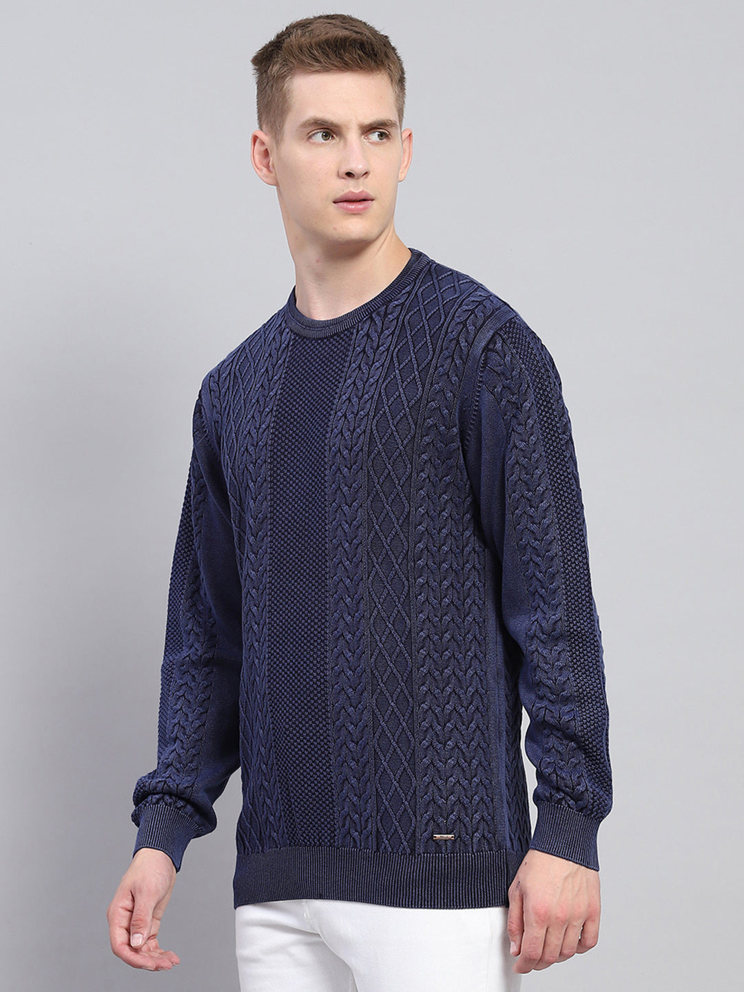 Men Blue Self Design Round Neck Full Sleeve Pullover