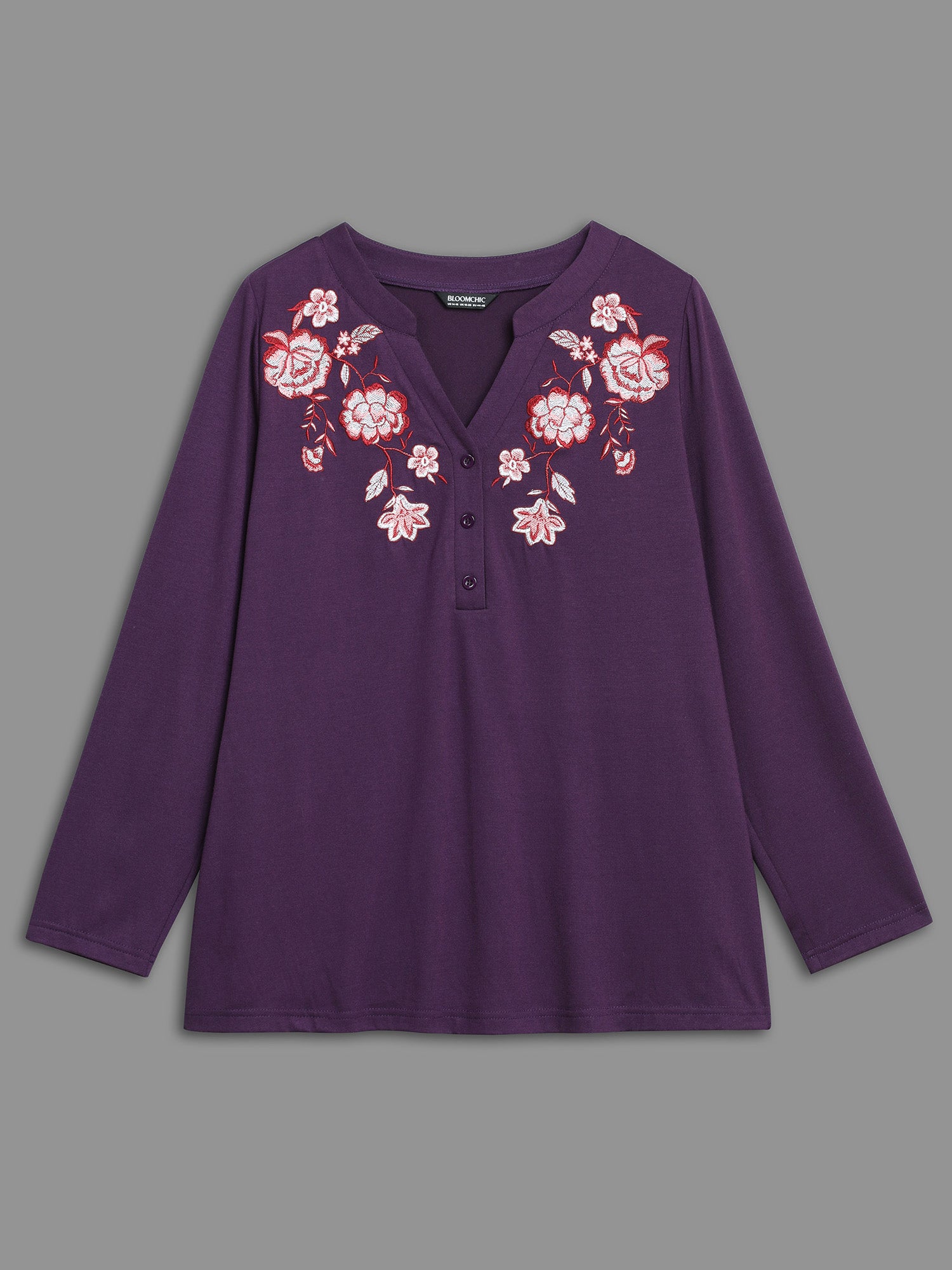 Notched Floral Embroidered  Button Top