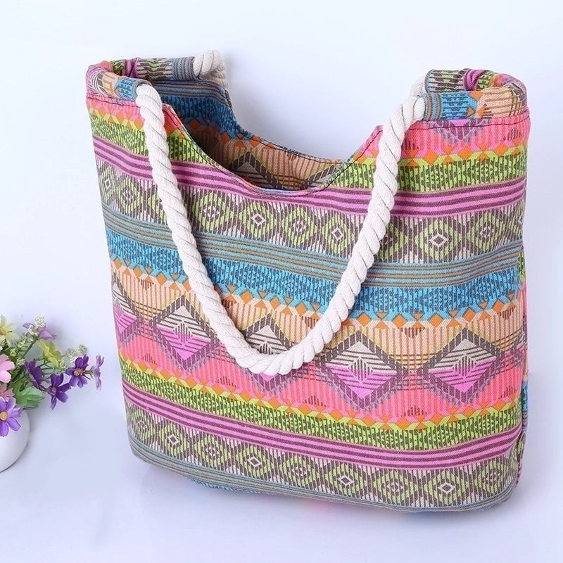 Women's Large Cotton Polyester Stripe Vacation Square Zipper Canvas Bag