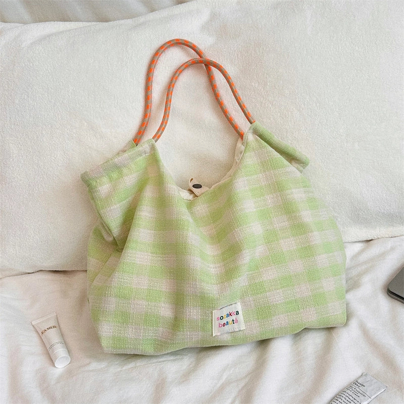 Women's Medium Canvas Plaid Basic Vintage Style Square Open Tote Bag