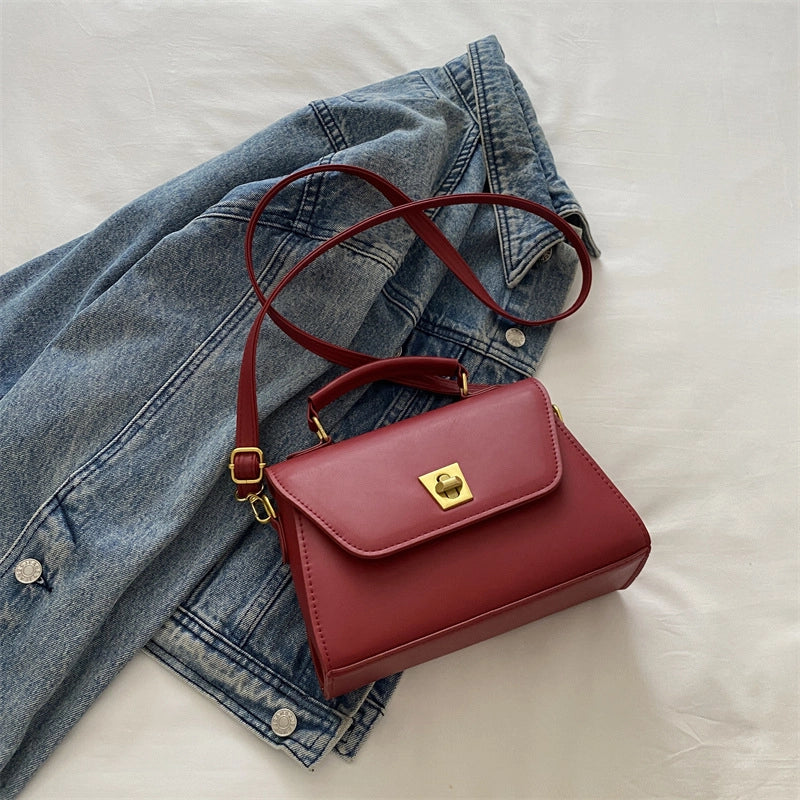 Women's Pu Leather Solid Color Basic Sewing Thread Square Lock Clasp Shoulder Bag Crossbody Bag