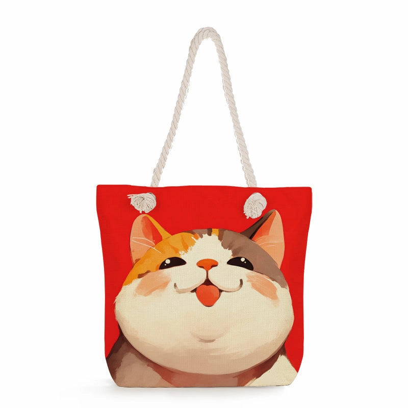 Women's Medium Linen Cat Cute Square Zipper Tote Bag Beach Bag