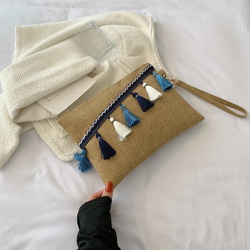 Red Blue Straw Tassel Solid Color Square Evening Bags