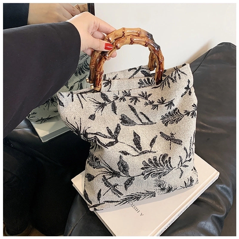 Women's Medium Cotton Leaves Vintage Style Square Magnetic Buckle Handbag