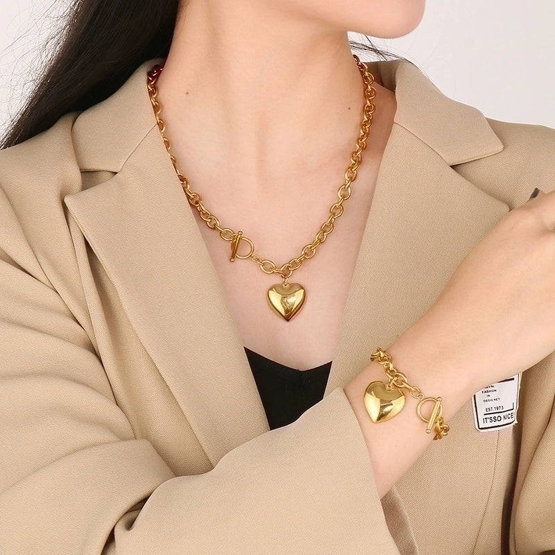 Minimalist Heart Shape Stainless Steel 18K Gold Plated Chain Bracelets Necklace