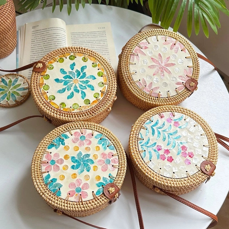 Women's Medium Rattan Floral Elegant Magnetic Buckle Dome Bag