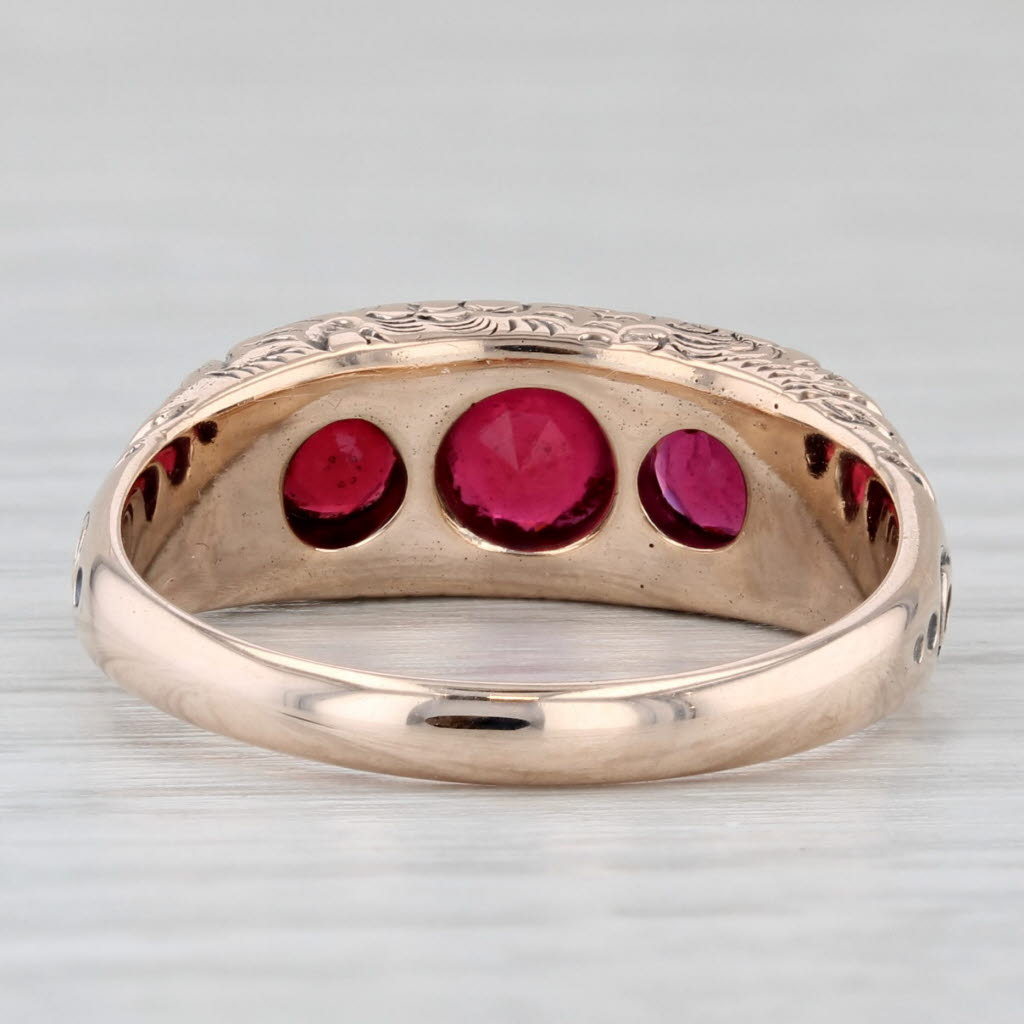 Antique Ornate Red Glass Garnet Ring 8k Rose Gold Size 8.75 Round 3-Stone