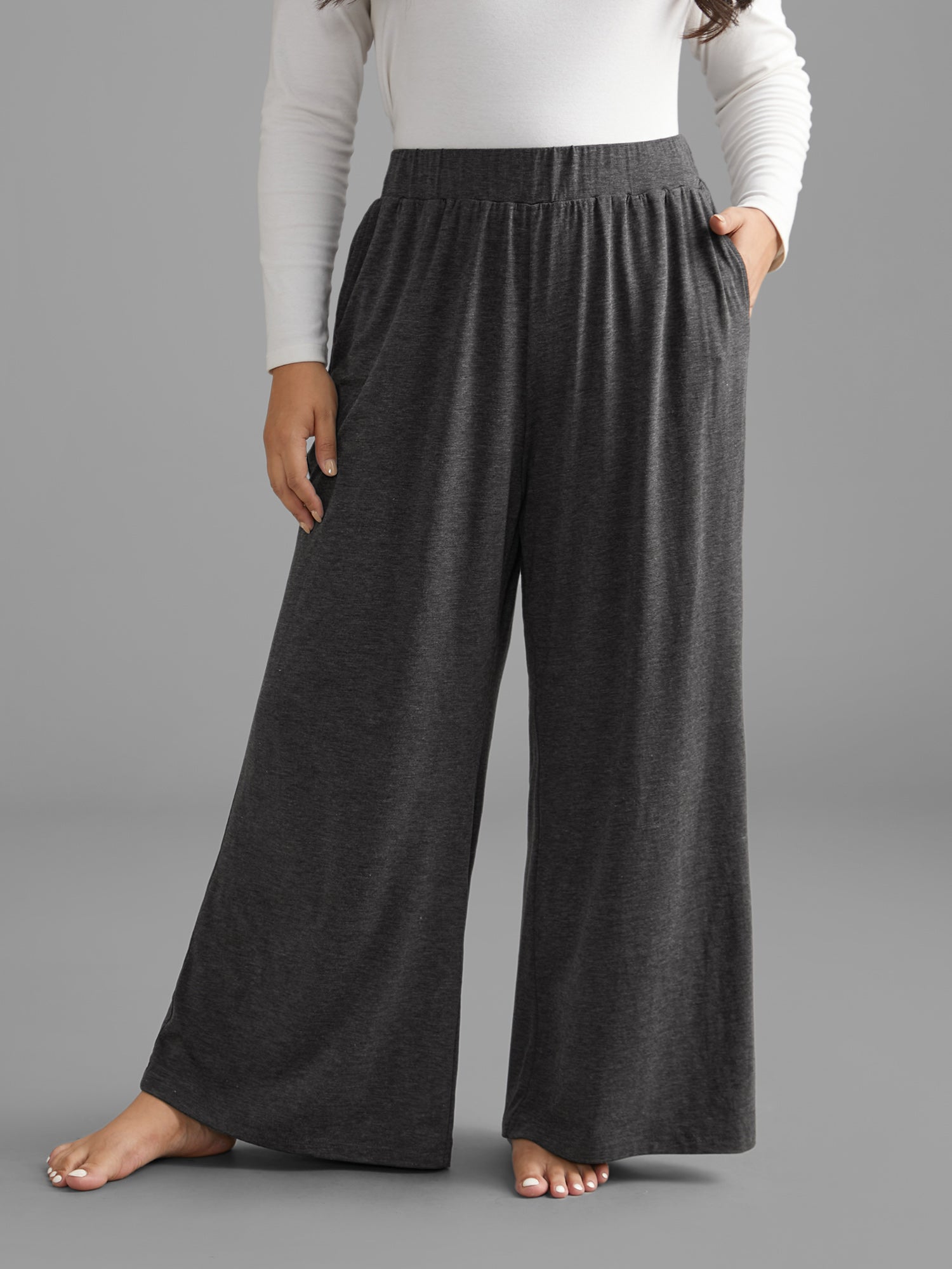 Solid Elastic Waist Wide Leg Lounge Bottoms