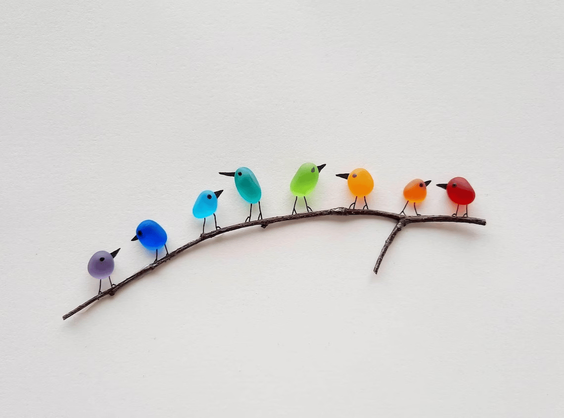 Sea glass rainbow birds -Framed unique handmade