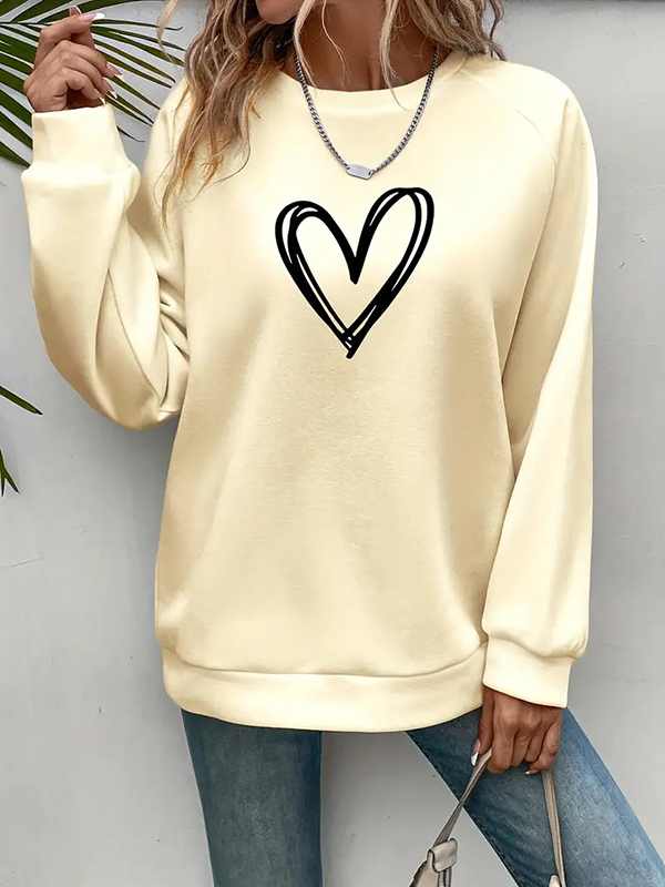 Long Sleeves Loose Heart Print Split-Joint Round-Neck Sweatshirt Tops