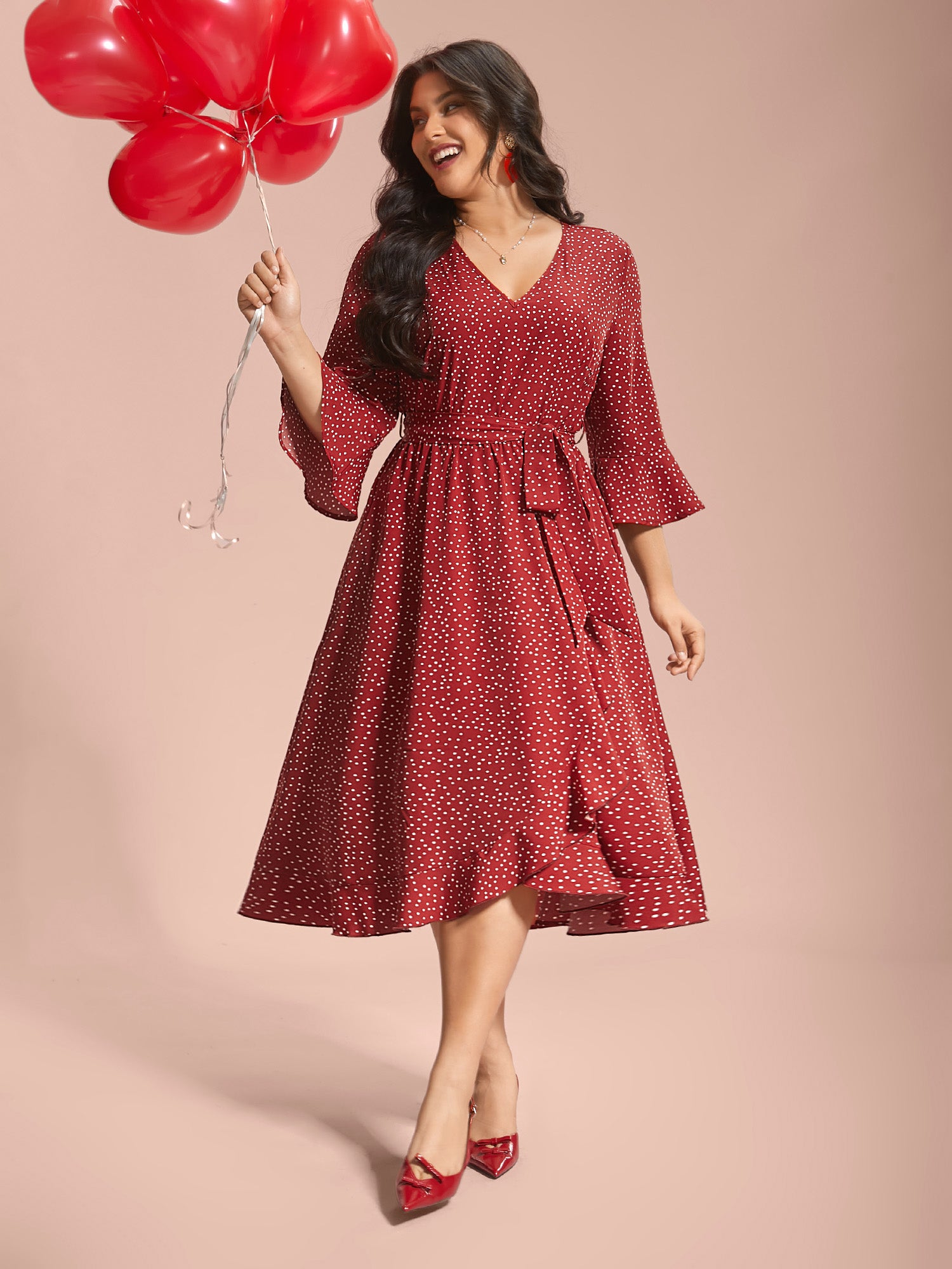 Polka Dots Waist-Tie Ruffled Midi Dress