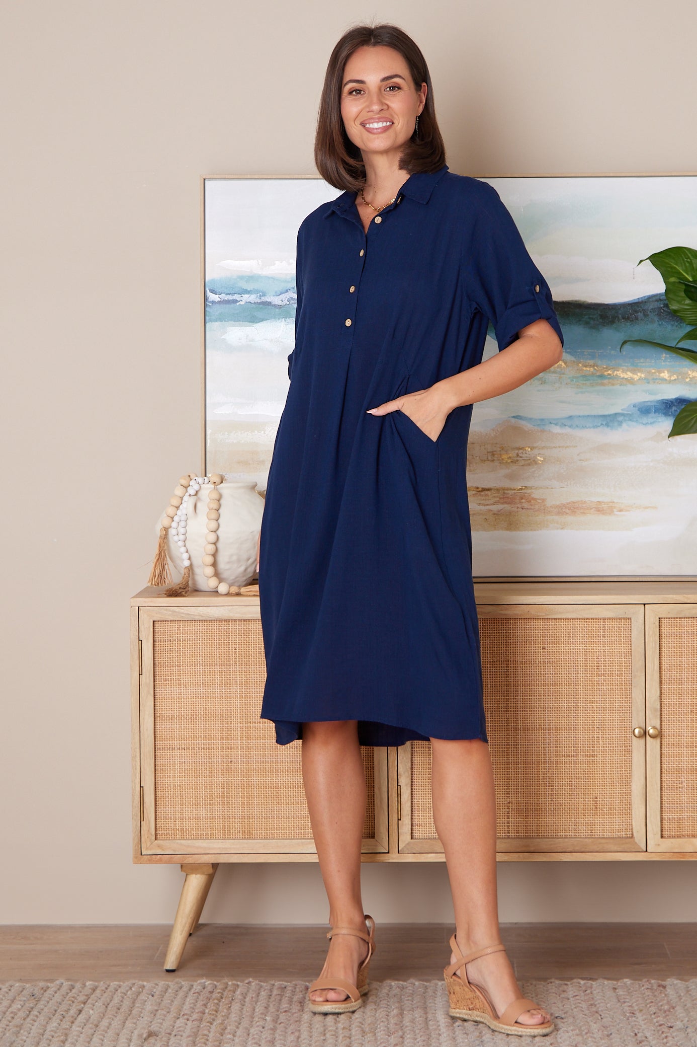 Maria Cotton & Linen Dress - Navy