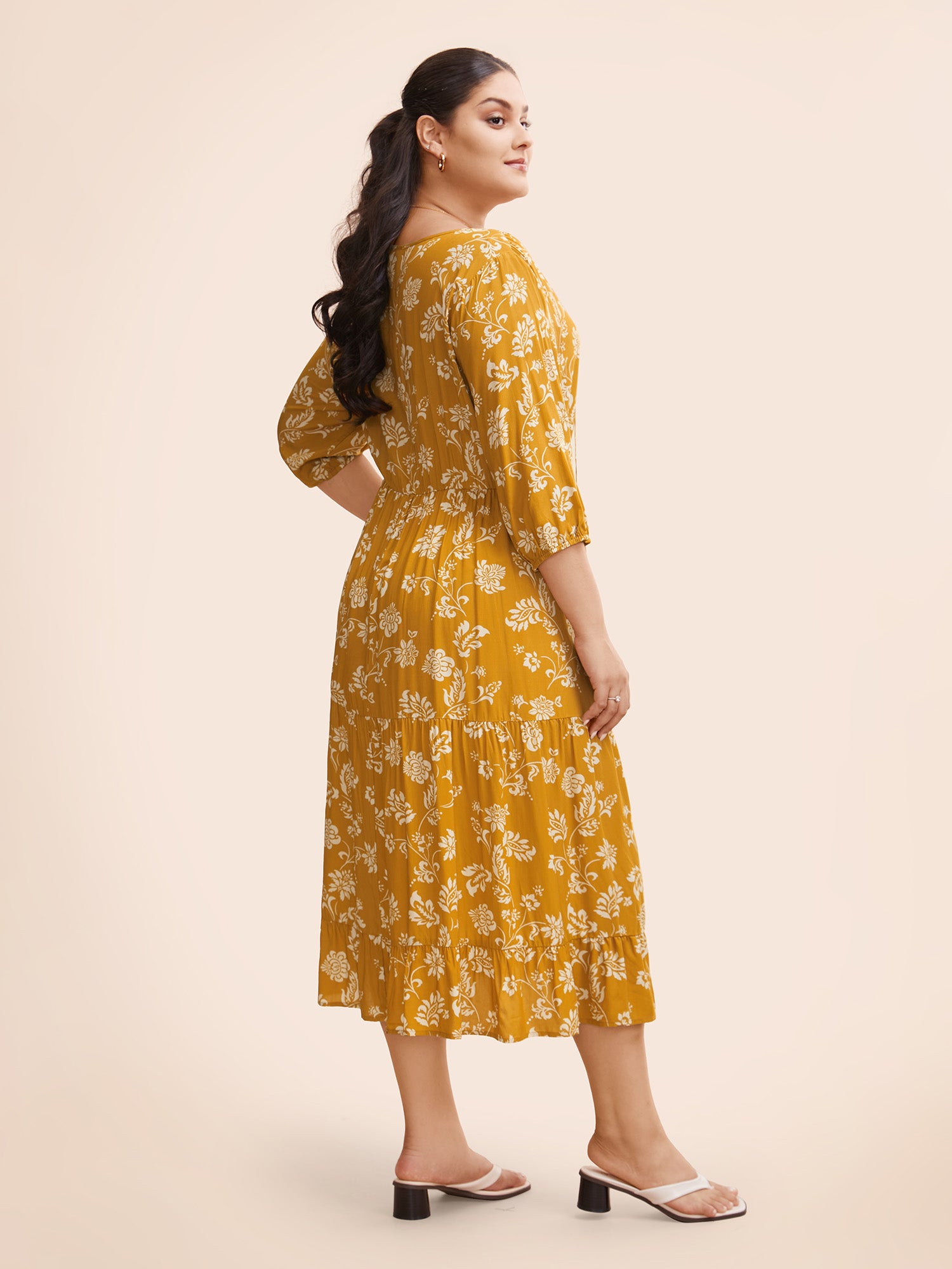 Floral Lantern Sleeve Ruffle Layered Hem Dress