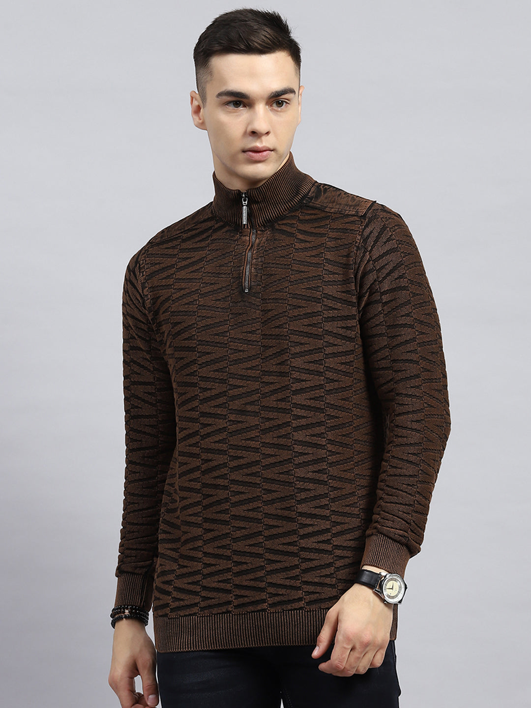 Men Brown Self Design High Neck Full Sleeve Pullover