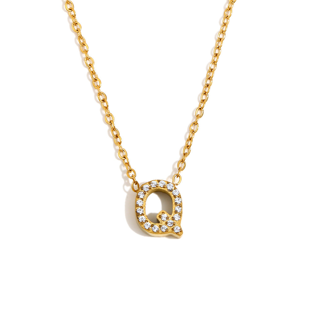 Fashionable And Simple 26 English Letter Pendant Stainless Steel Plated 18K Gold Diamond Small Letter Necklace For Women
