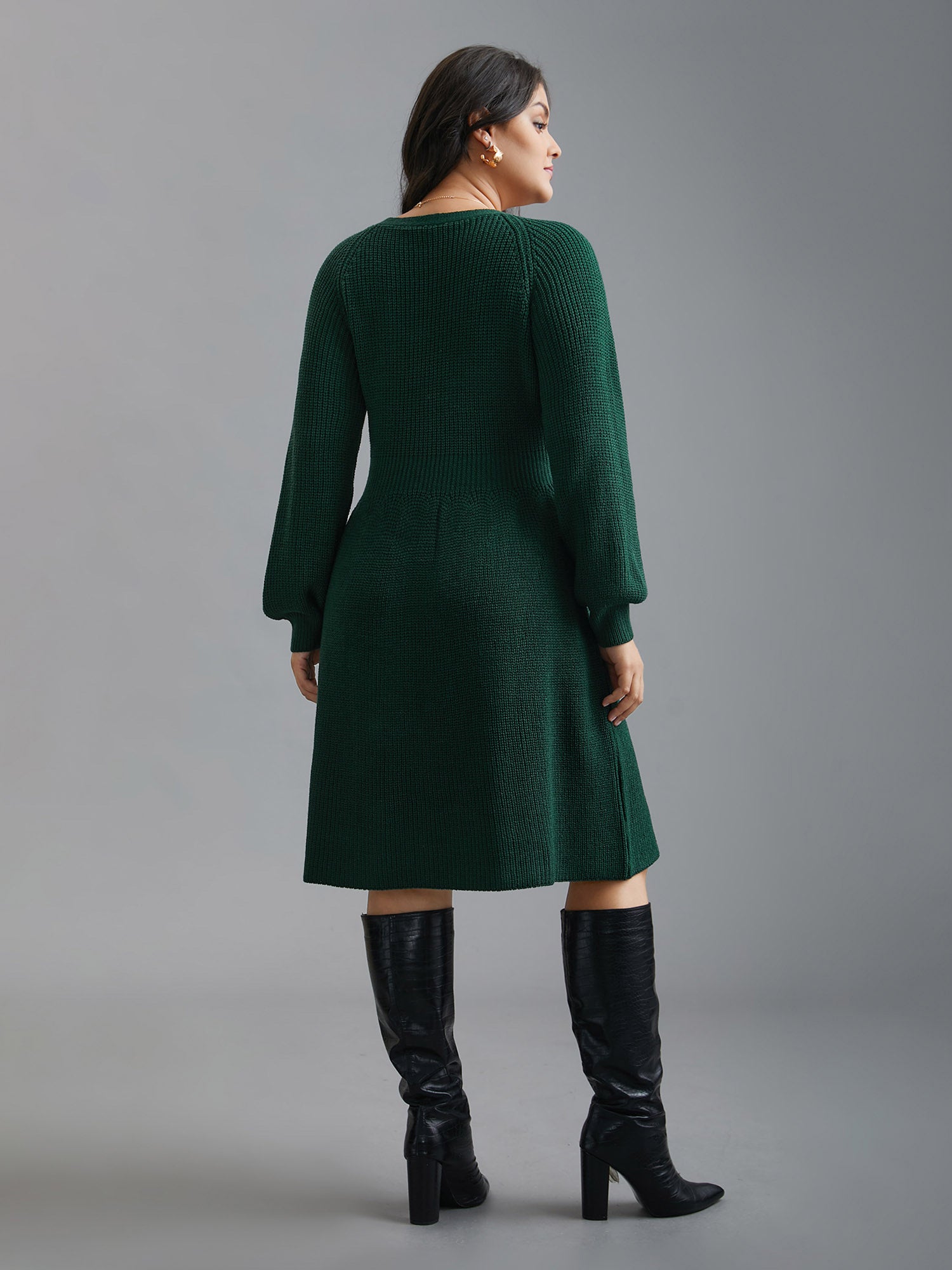 Raglan Sleeve Textured Button Detailing Dress