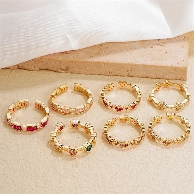 Copper Gold Plated IG Style Minimalist Plating Inlay Heart Shape Flower Zircon Open Rings