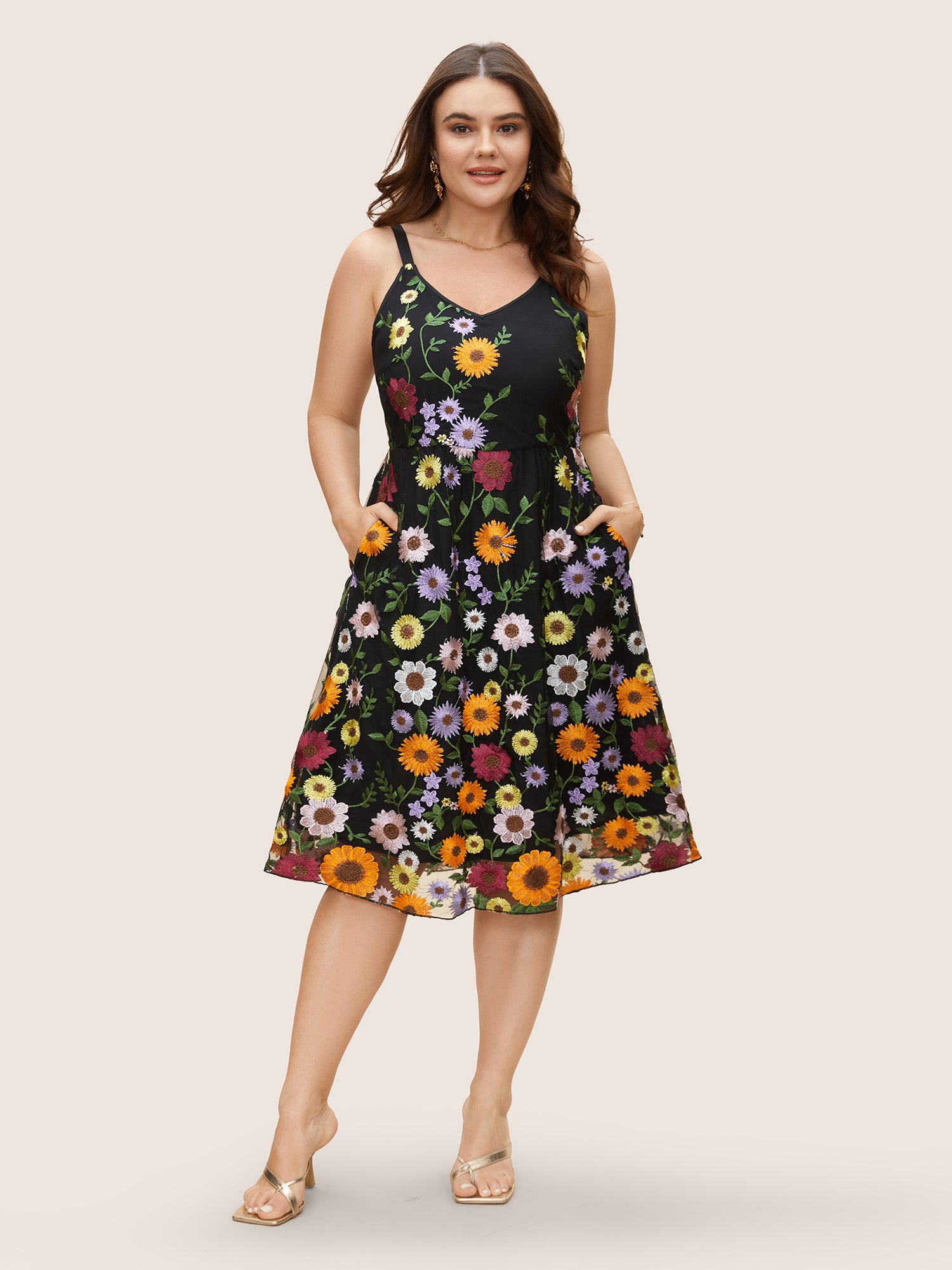 V Neck Floral Embroidered Mesh Cami Dress