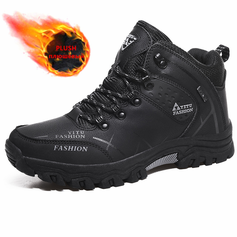 business Men's Boots Black Outdoor Non-slip Hiking Boots Leather Waterproof Men Sneakers Work Shoes Winter Plush  platform combat boots